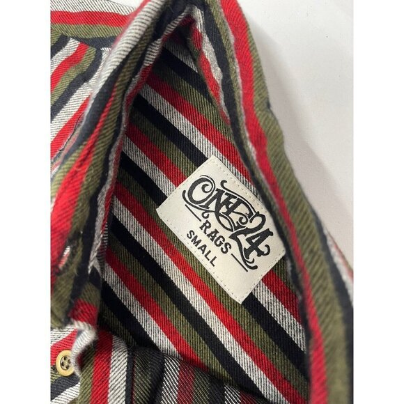 One 24 Rags Flannel Shirt Womens Red Green Striped Fringe Hem Button Up Small - Picture 8 of 8